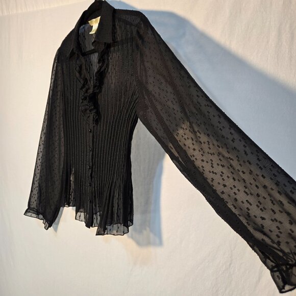 Vintage NEW YORK CITY D. Boho Y2K Black Sheer Pleated Ruffle Shirt Top Size M. - Picture 3 of 16